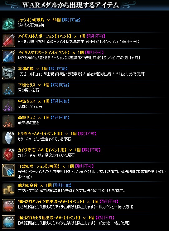 「WARメダル」から出現するアイテム